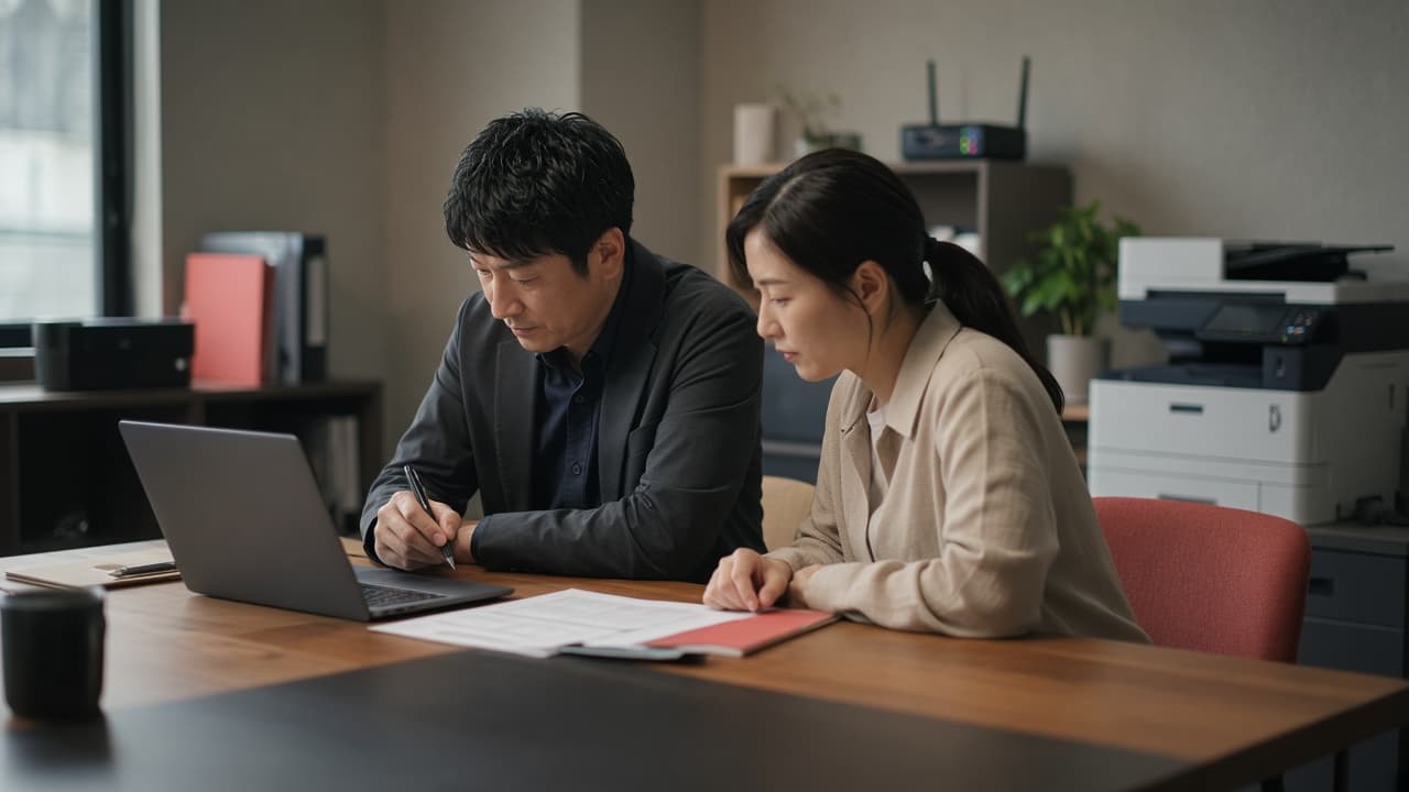 資料を見ながら打ち合わせをするオフィス